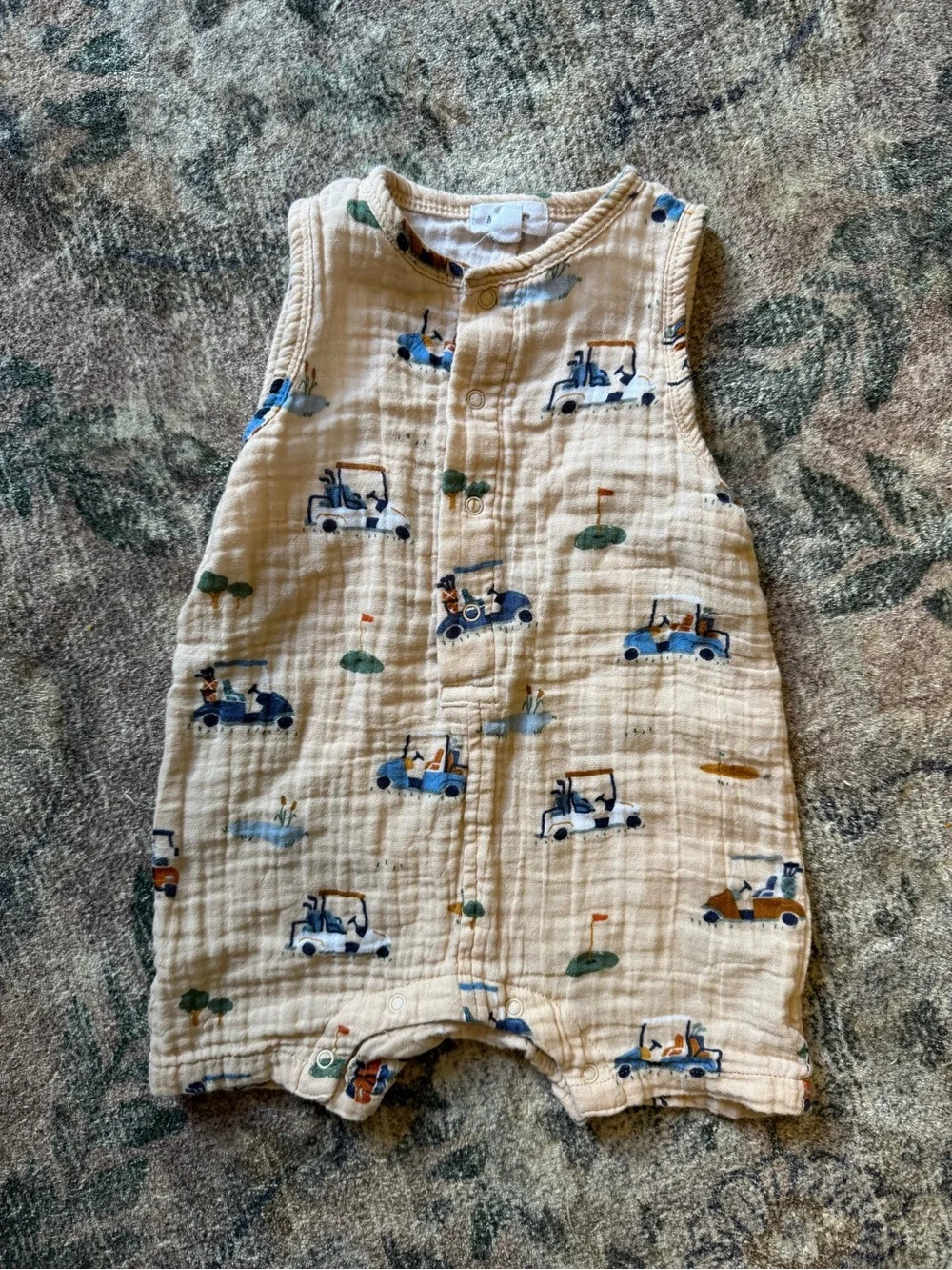 Angel Dear Gauze Romper with Blue Golf Cart Print